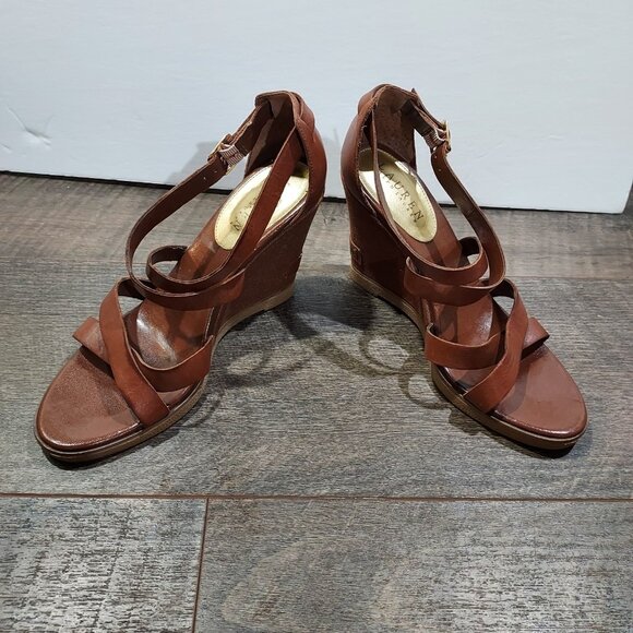 Lauren Ralph Lauren Leather Strappy Sandles Cloth Heel - Picture 8 of 12